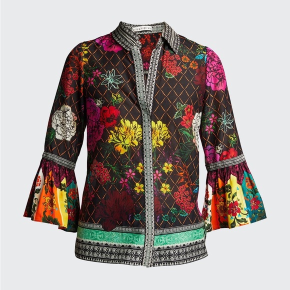Alice+Olivia Silk Cotton Ruffle Sleeve Floral Collared Colourful Button Down Top - Picture 6 of 14